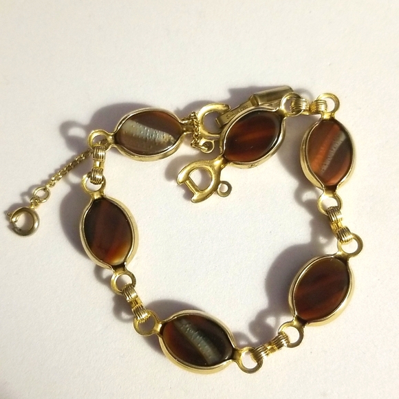 Sarah Cov Mid Century Agate Cabochons Golden Bracelet W Dafety Chain - Picture 13 of 15